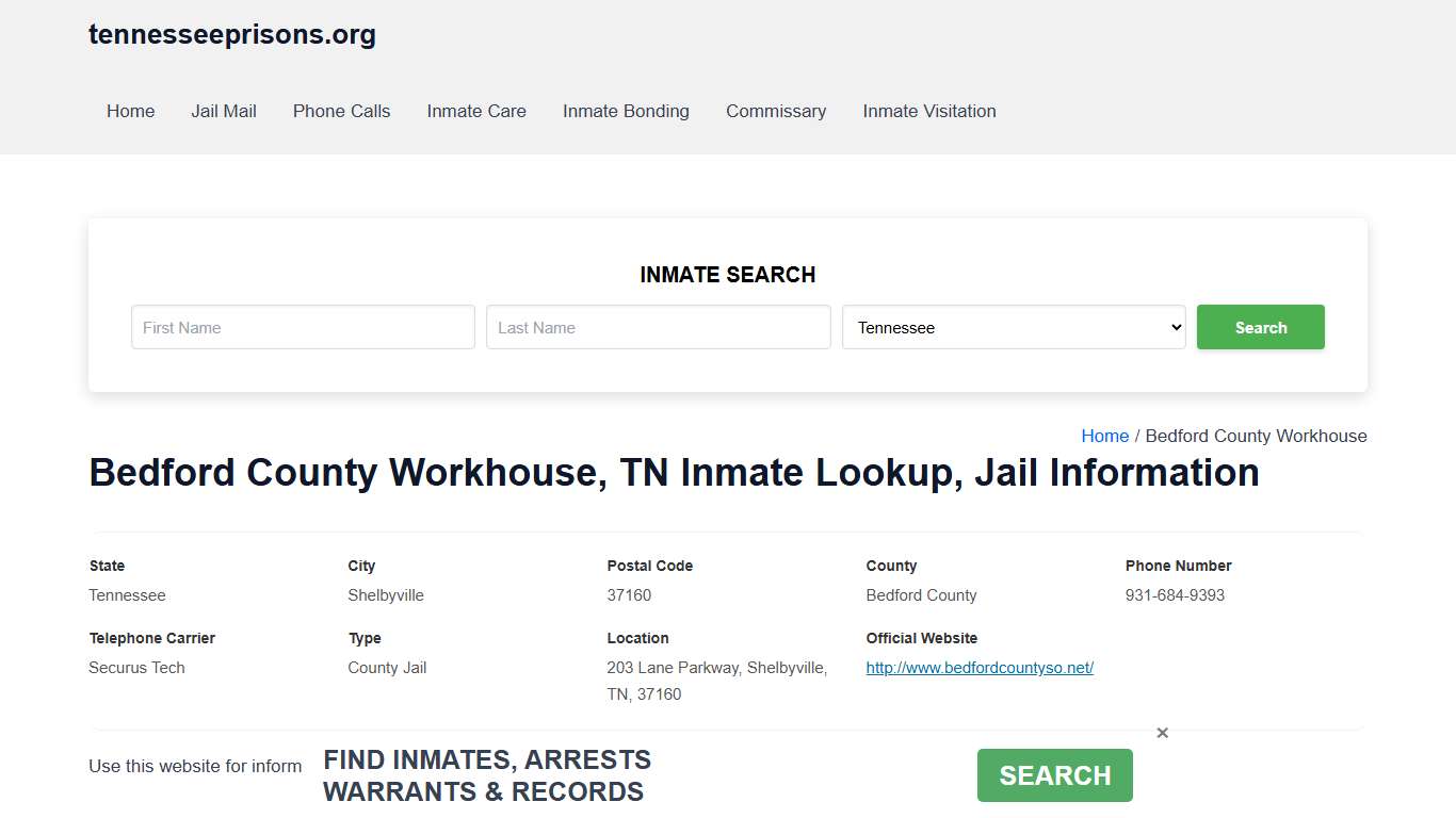 Bedford County Workhouse, TN - Offender Locator, Contacts, Inmate Info